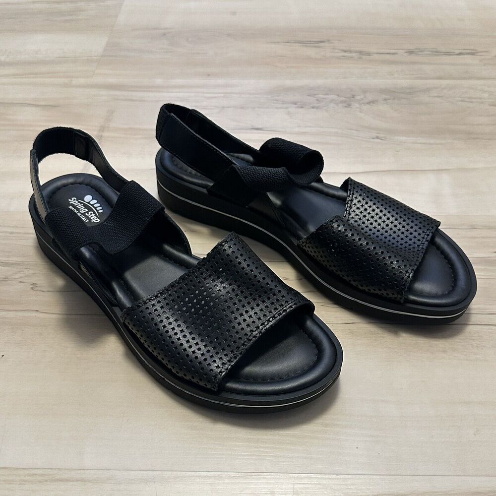 Spring Step Travel Sandal Women 42 US 10 Black Leather Lightweight Slingback New
